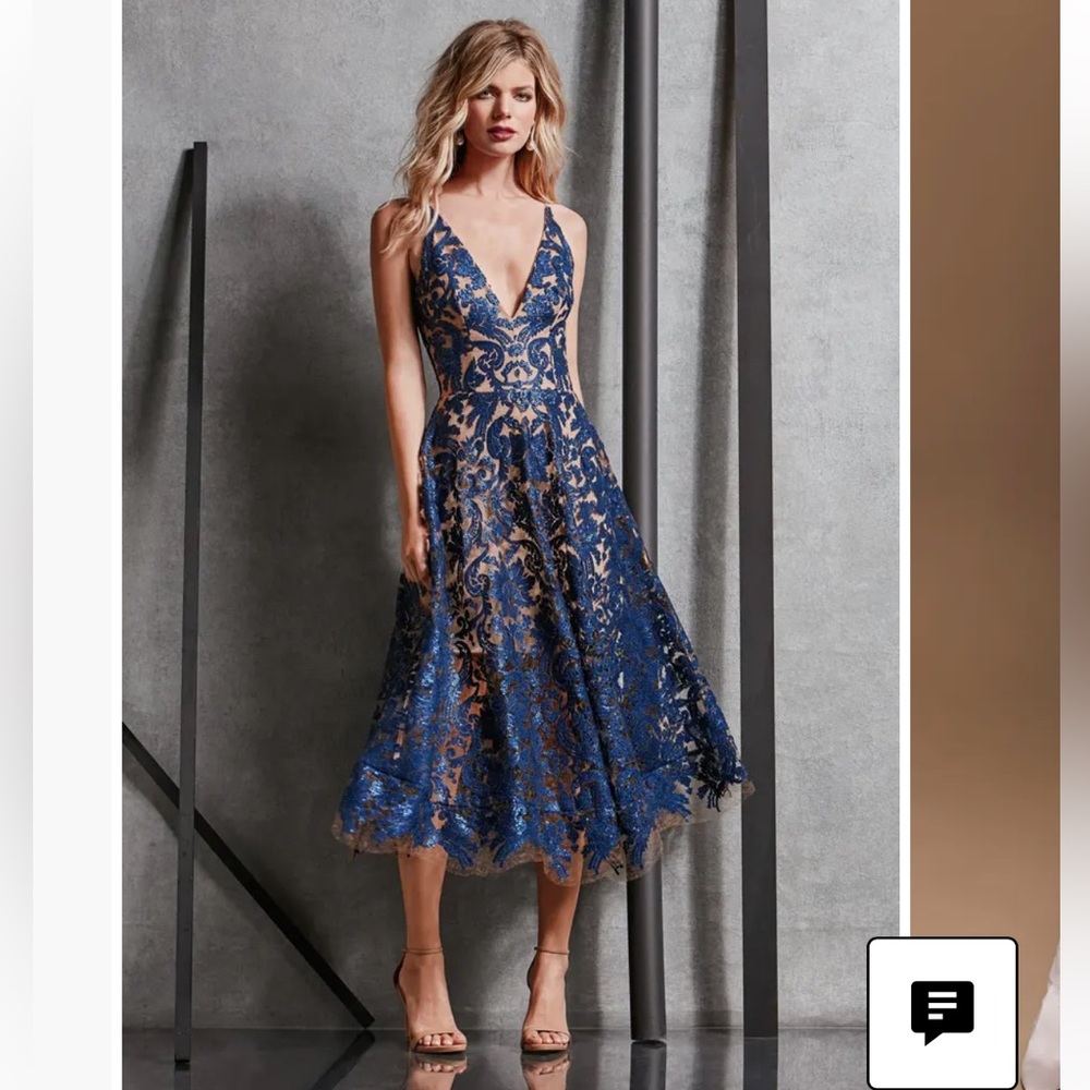 Dress the Population Navy Blue and Nude Lace Midi Dress - Picture 6 of 10